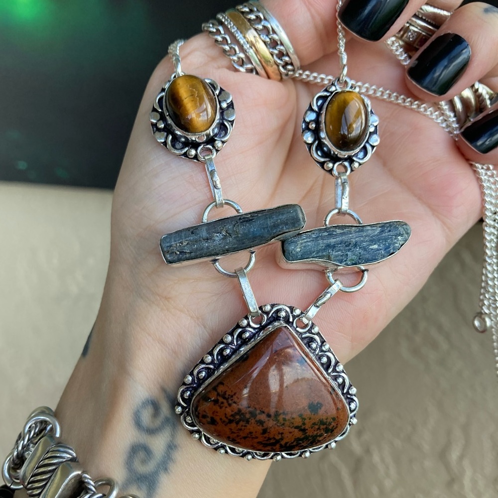 925 sterling silver overlay red jasper tiger eye kyanite gemstone boho necklace - Picture 6 of 16